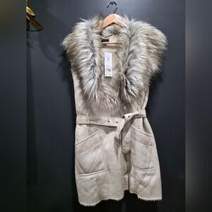 F&F Beige Plush Faux Fur Gilet Long Line Vest Belted Utility Pockets 8 NWT